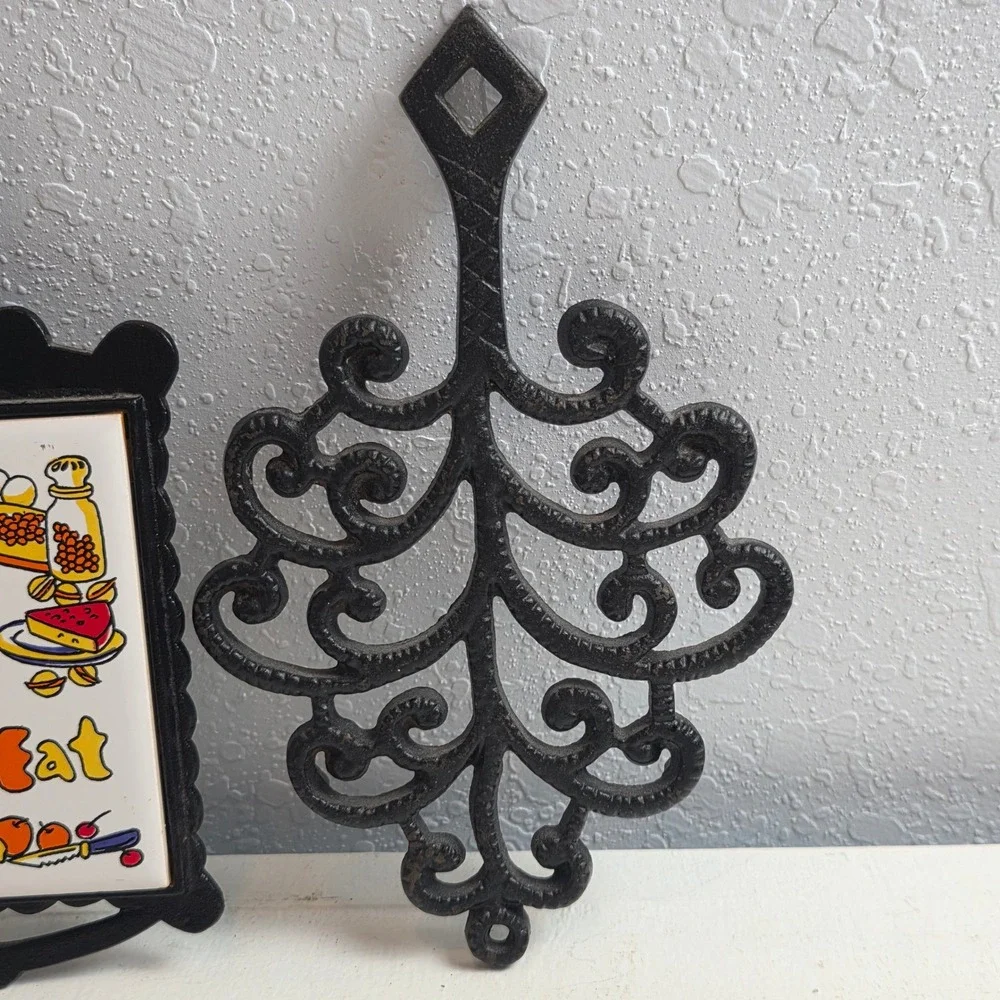 Vintage Cast Iron Trivets 'He Who Helps Shall Eat' Ceramic Tile‎ & Scroll Pair